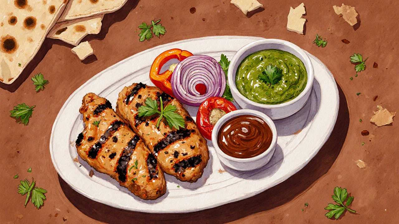 Tandoori chicken with grilled vegetables and two colorful chutneys on a terracotta plate.