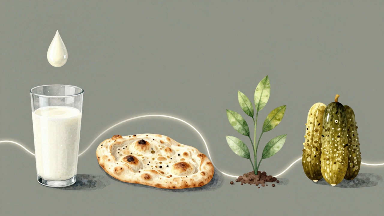 A drop of whey transforming into food, plants, and fermented goods in a symbolic flow.