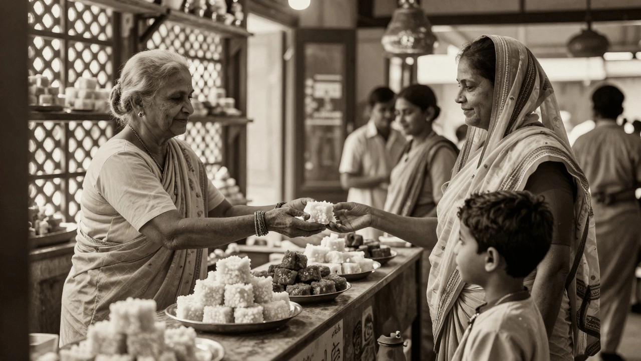 An elderly woman giving mysore pak to a child in a traditional South Indian sweet shop.