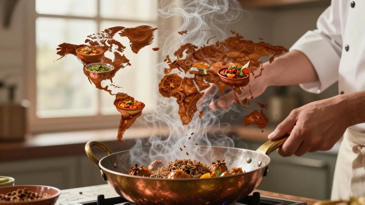 Chef toasting cumin as aromatic smoke forms global curry dishes.