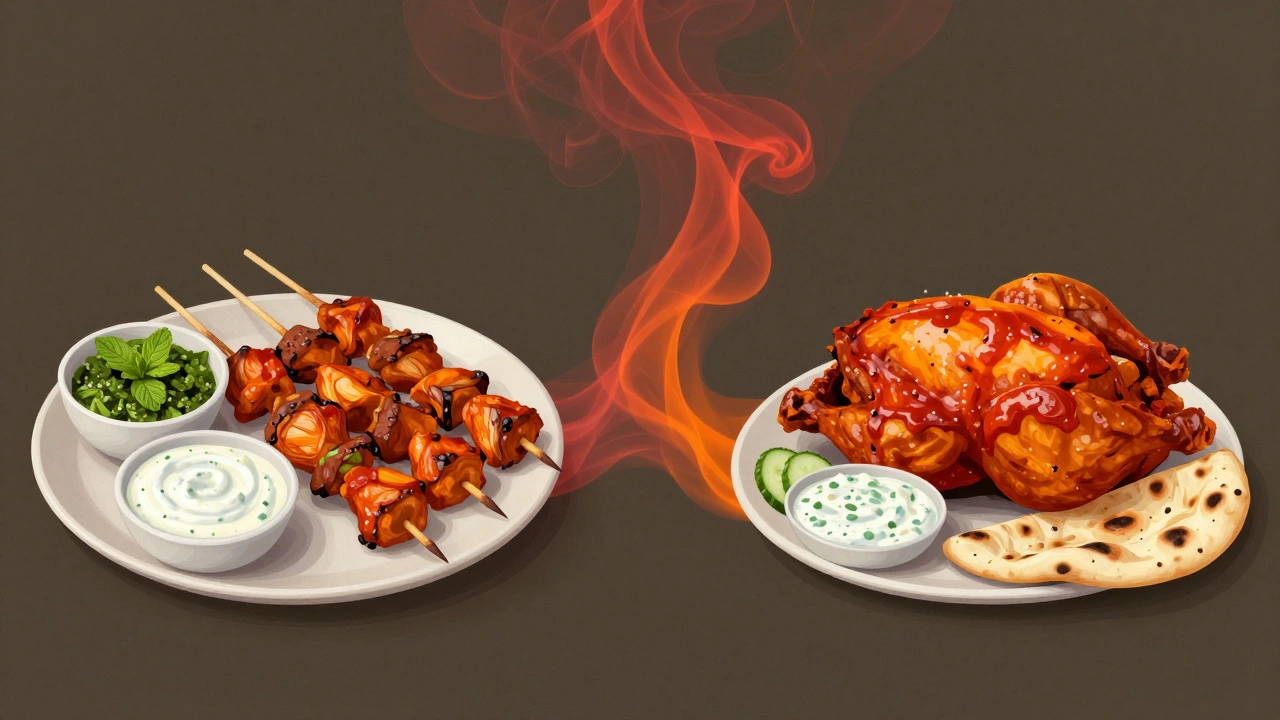 Contrasting plates of tikka and tandoori chicken with traditional sides.