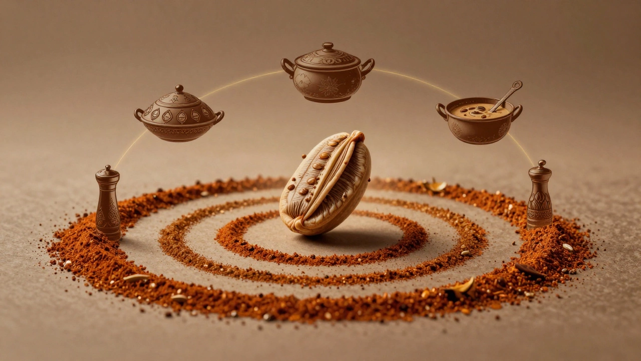 Floating cumin seed emitting flavor waves connected to global curry traditions.
