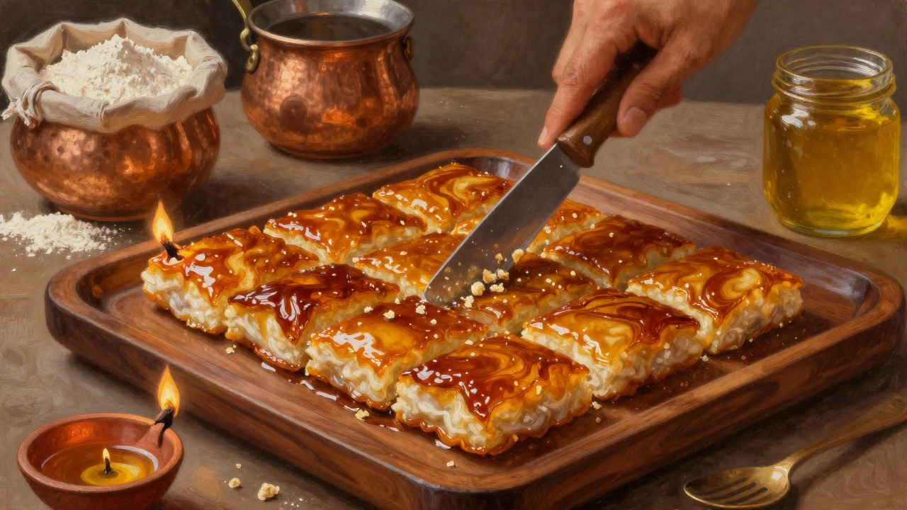 Freshly cut mysore pak squares on a wooden tray with golden ghee and copper utensils nearby.