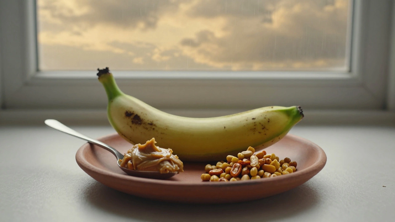 Half a banana with peanut butter and roasted chana on a terracotta plate.