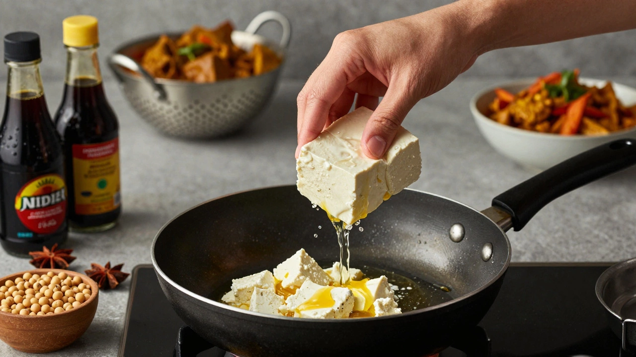 Hand pressing tofu next to frying paneer in a kitchen with spices and soy sauce.