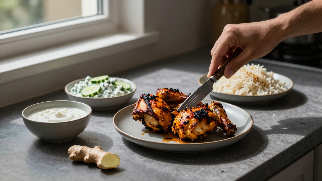 Hand trimming char from tandoori chicken beside cooling sides like yogurt and rice in a cozy kitchen.