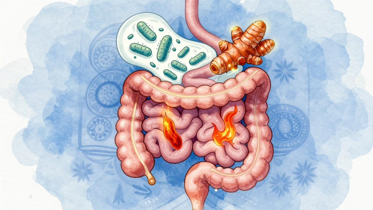 Illustrated digestive tract with probiotics, turmeric, and spice symbols representing gut health benefits.