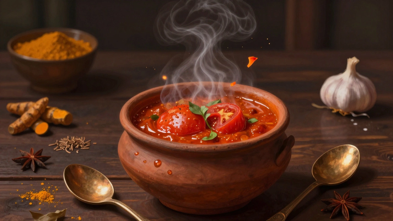 Indian curry simmering with tomatoes and spices, steam rising as symbols of safety through cooking.