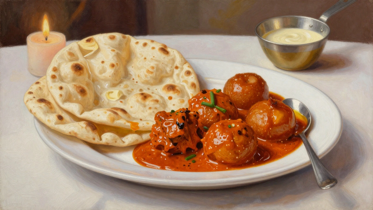 Lavish plate of butter chicken, naan, and gulab jamun with creamy sauce and syrup dripping.