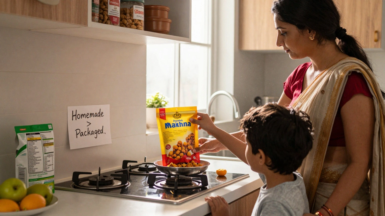 Mother making healthy snacks at home while child reaches for packaged junk food.