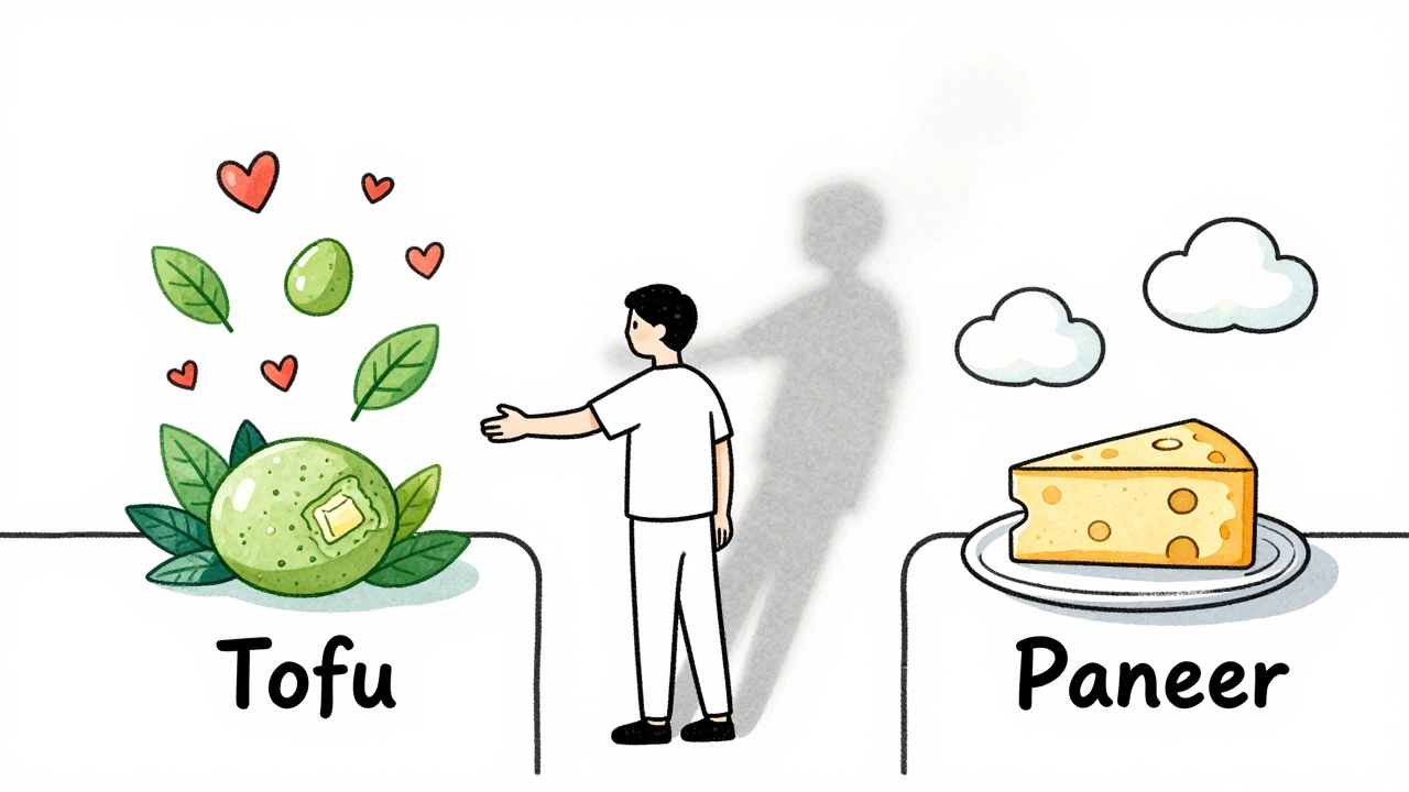 Person choosing between tofu and paneer paths with symbolic health and food imagery.