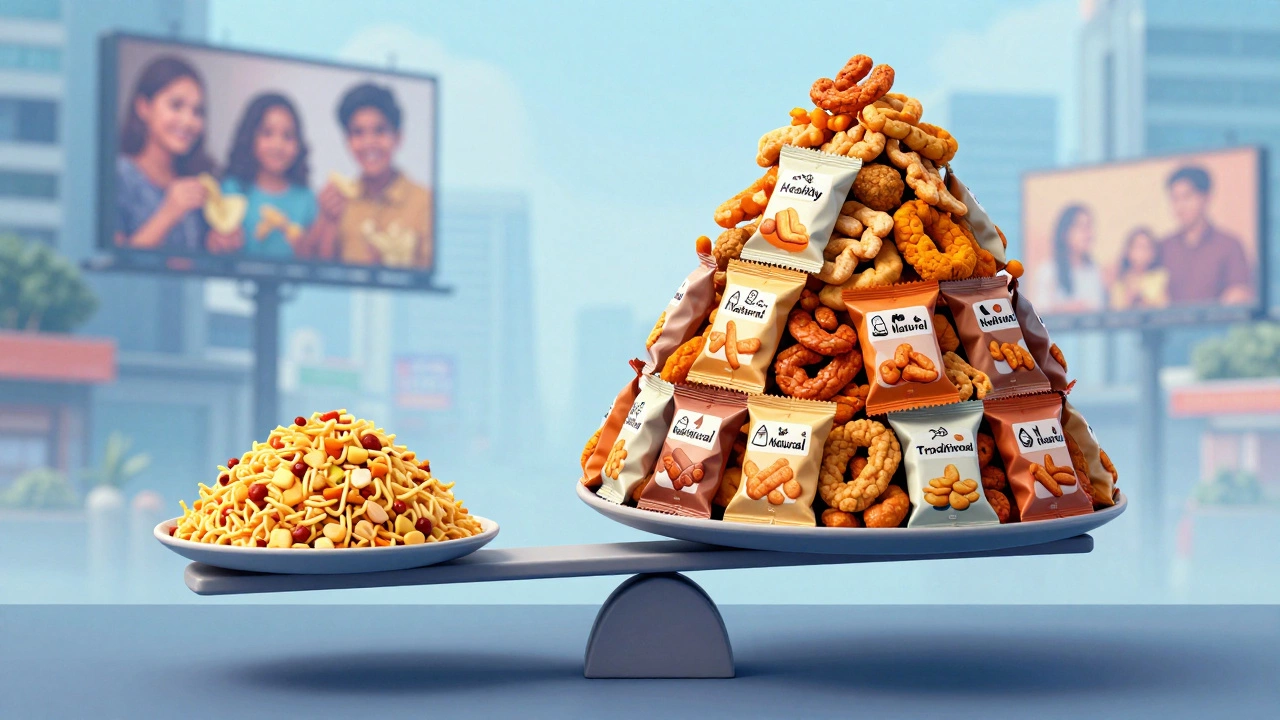 Scale balancing traditional Indian snacks against a mountain of misleadingly labeled packaged snacks.