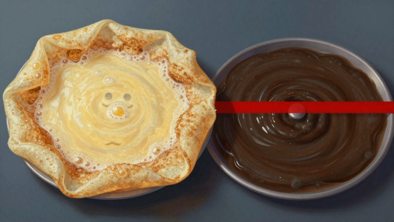 Split image contrasting fresh and over-fermented dosa batter with a warning line.