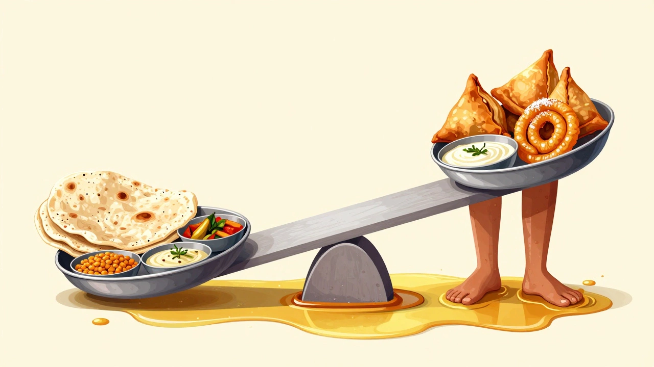Traditional Indian thali tipping under the weight of fried snacks and sugary desserts.