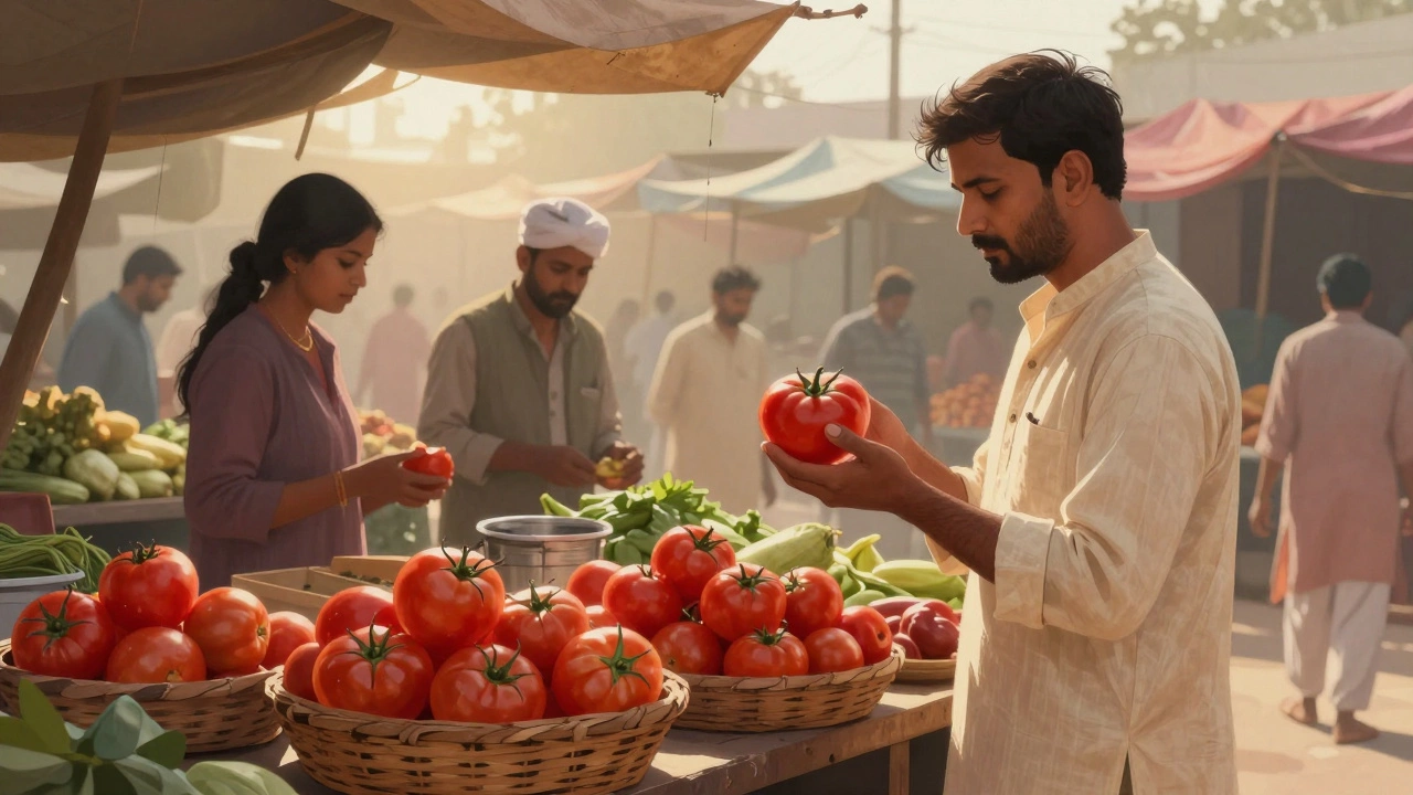 Vibrant tomatoes displayed at a morning farmers' market in India, with vendor inspecting produce.