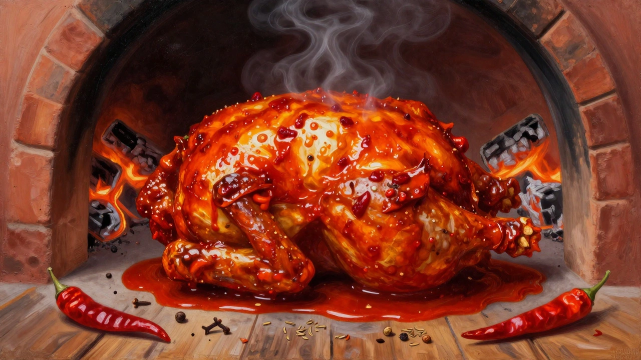 Whole chicken coated in deep red tandoori sauce roasting in a clay oven.