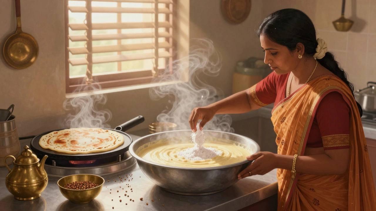 Woman adding baking soda to over-fermented dosa batter in a traditional kitchen.