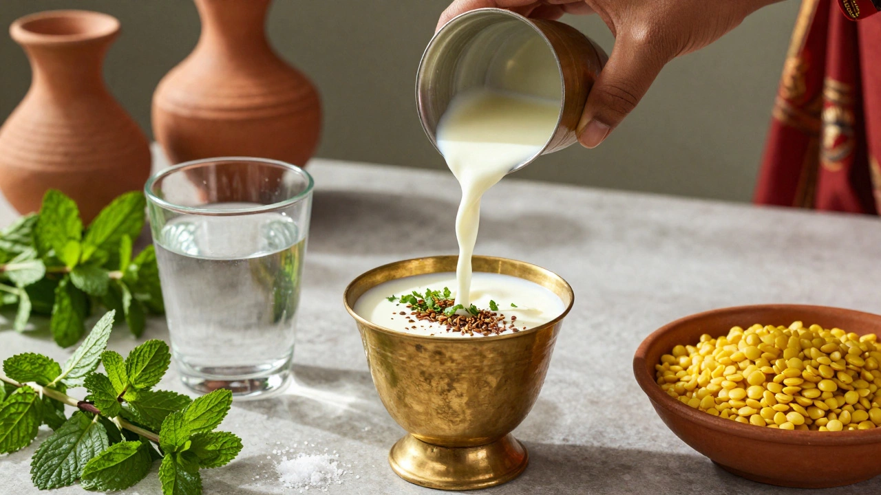 Woman pouring spiced paneer whey into a brass cup with mint and cumin.