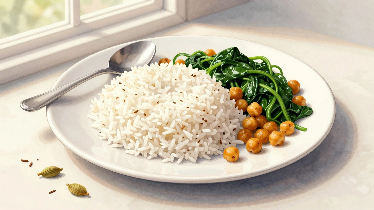 A balanced plate of basmati rice with spinach and chickpeas in natural light.