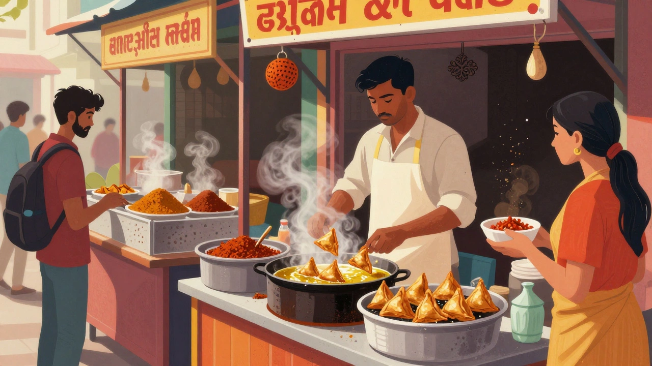 Busy street food stall with vendor using tongs to serve hot samosas, contrasted with an empty, dusty stall.