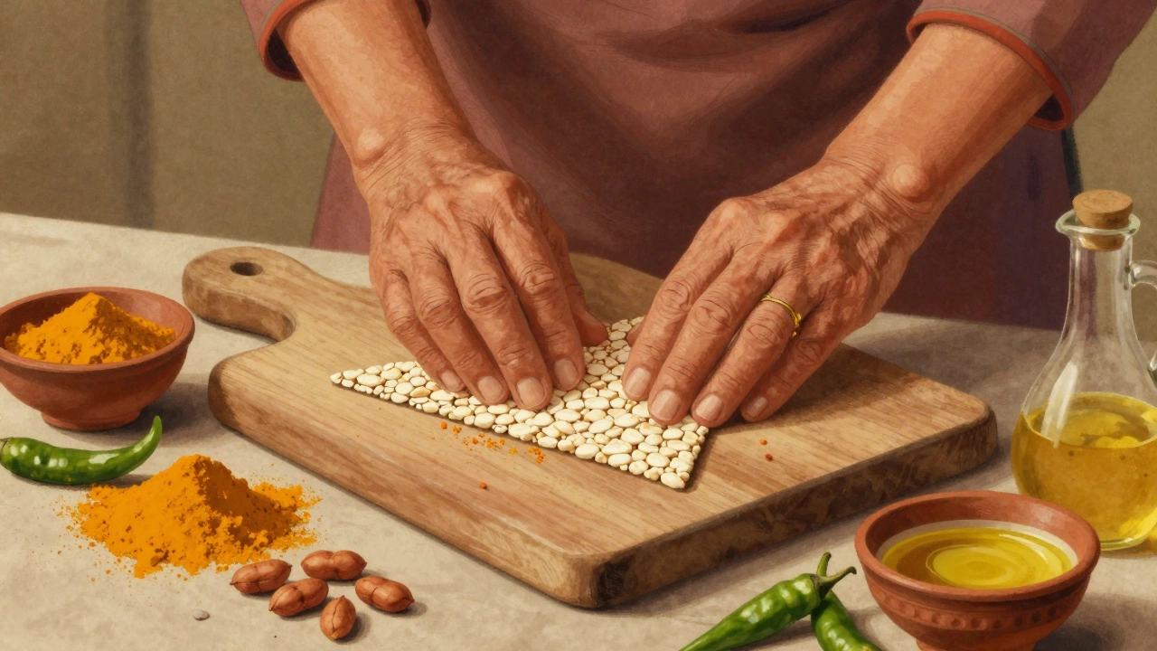Elderly hands shaping spiced rice flakes into triangles on a wooden board