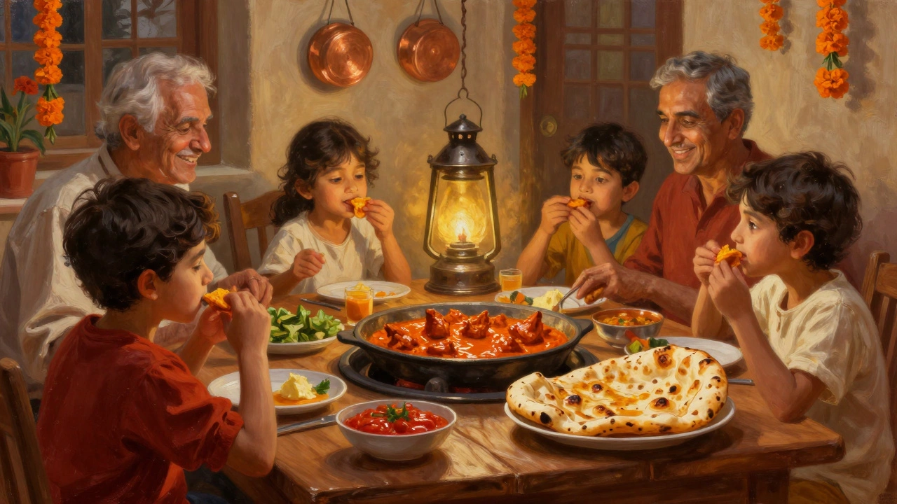 Family sharing butter chicken and naan at a warm, lantern-lit dinner table.