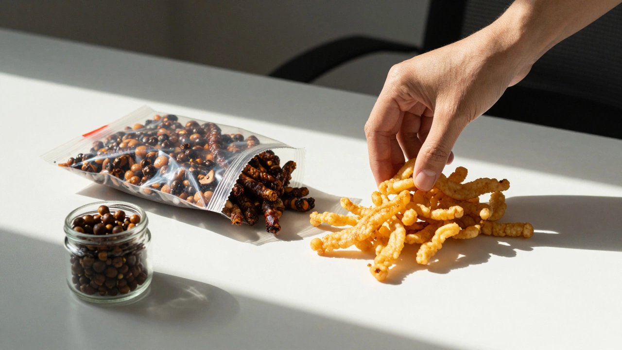 Hand replacing fried snack with roasted chickpeas on a desk, symbolizing healthier choice