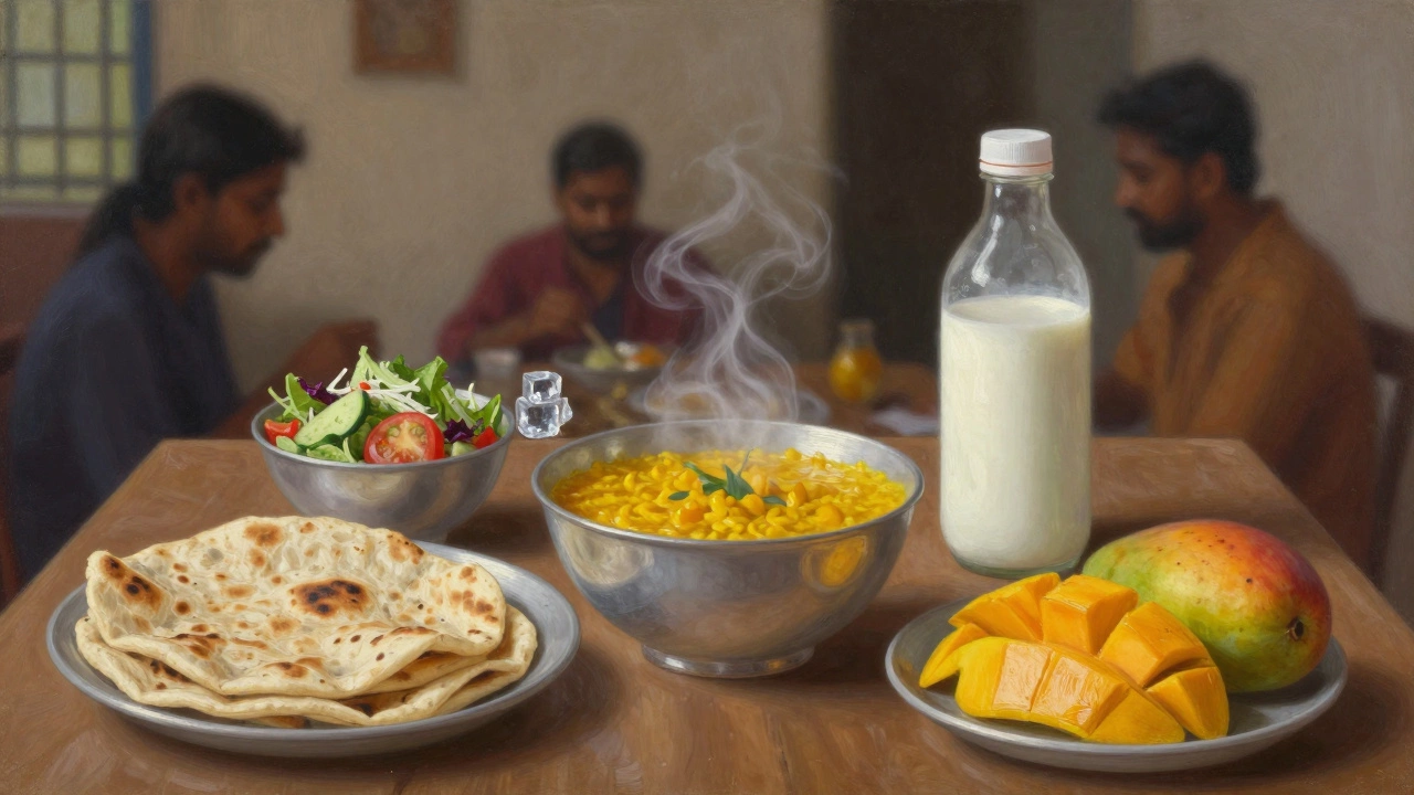 Home dining table with safe Indian foods like roti and mangoes, while unsafe items fade into shadow.