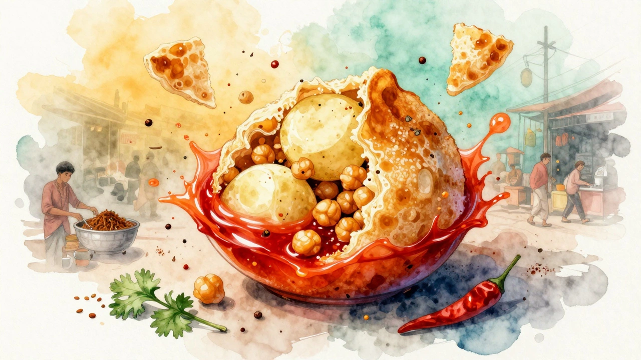 Pani puri bursting with colors and spices, evoking a sensory explosion of Indian street food.