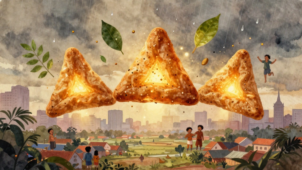 Three glowing triangular snacks floating amid cultural symbols and raindrops