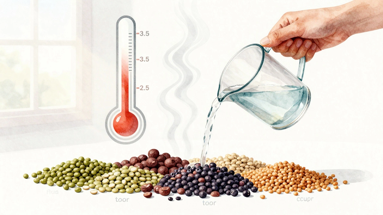 Watercolor hand pouring water over different dals, abstract steam forming a ratio thermometer.