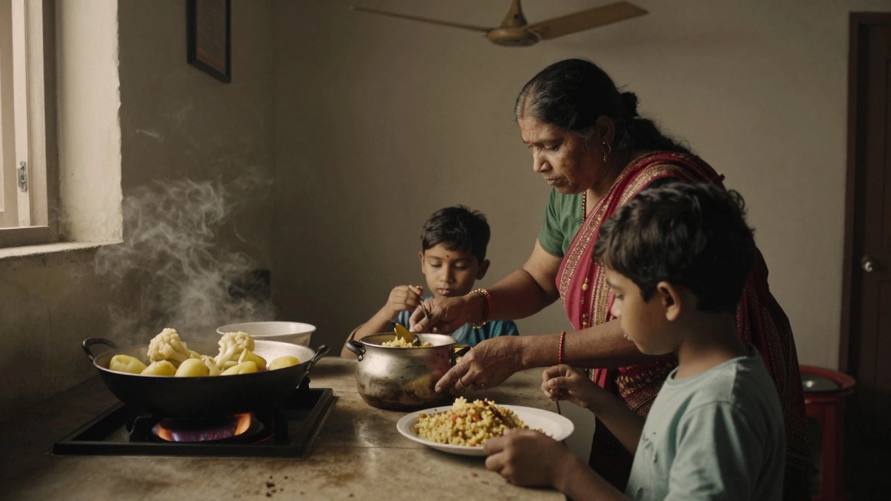 A family eating khichdi and aloo gobi in a modest home kitchen during dinner.
