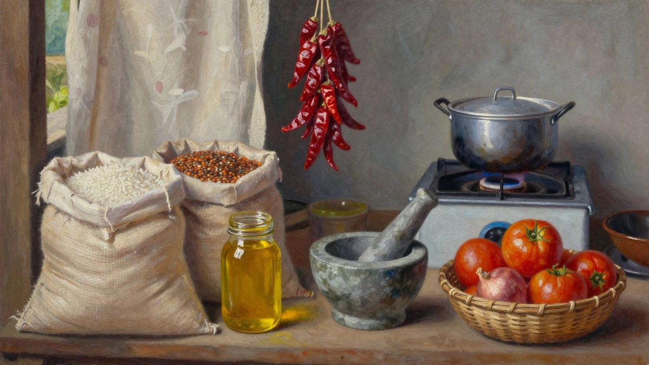 A rural Indian pantry with rice, lentils, spices, and fresh vegetables on a wooden shelf.