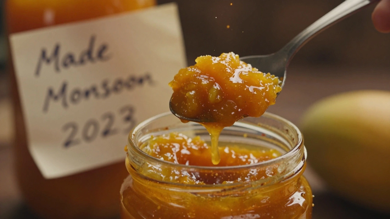A spoon dripping with aged mango chutney, sunlight catching spice particles in the jar.