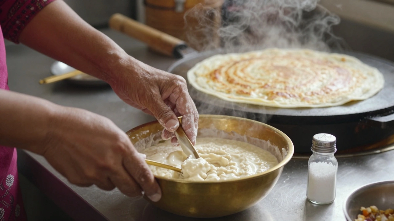 An elderly woman stirring dosa batter as a golden dosa cooks on a griddle in the background.