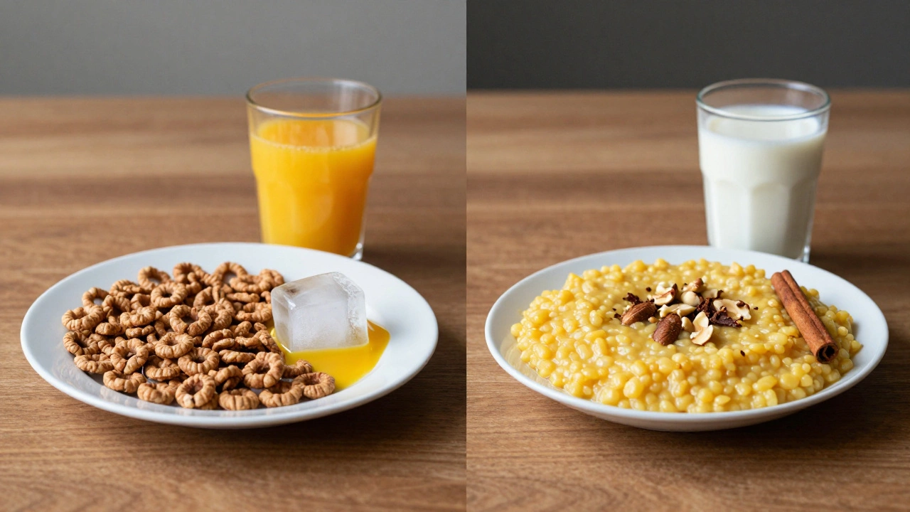 Contrasting Western sugary cereal with traditional Indian dalia porridge on wooden tables.