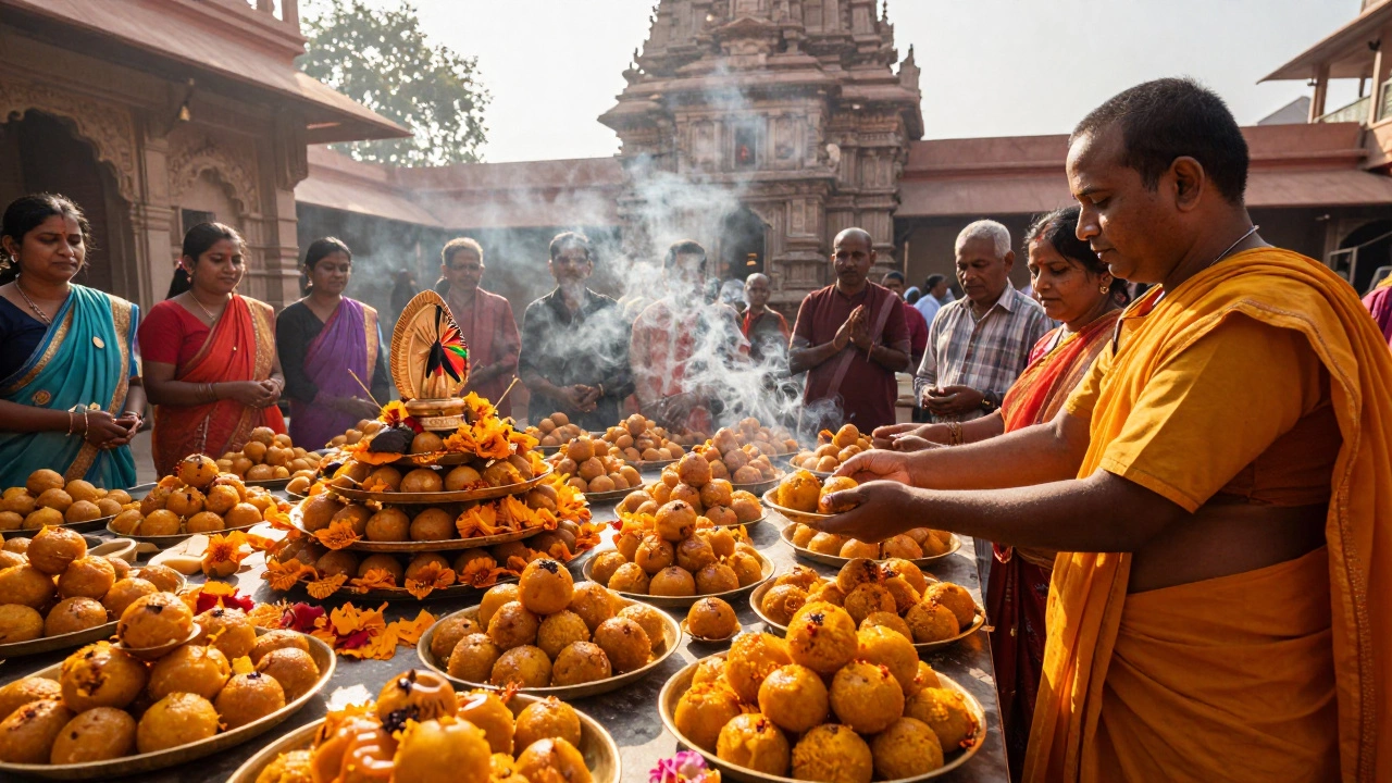 Ladoos offered as prasadam in a temple courtyard, pilgrims receiving them with reverence.