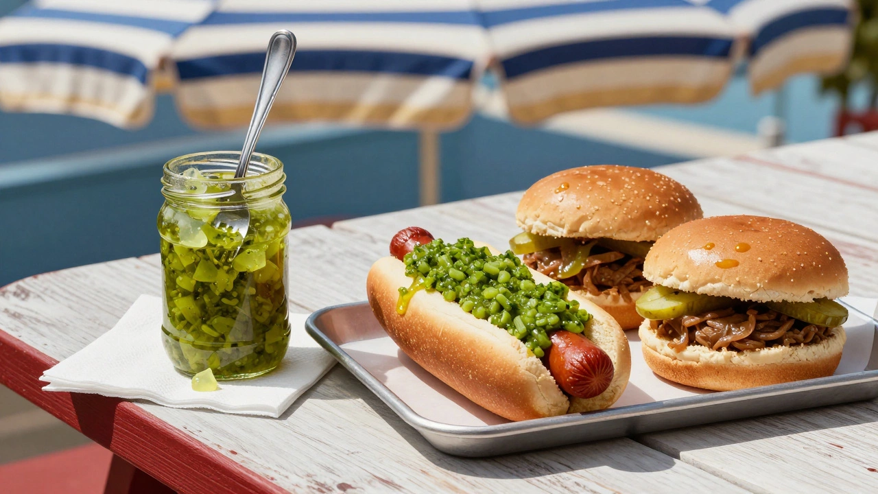 Pickle relish topping hot dogs on a sunny picnic table with a jar nearby.