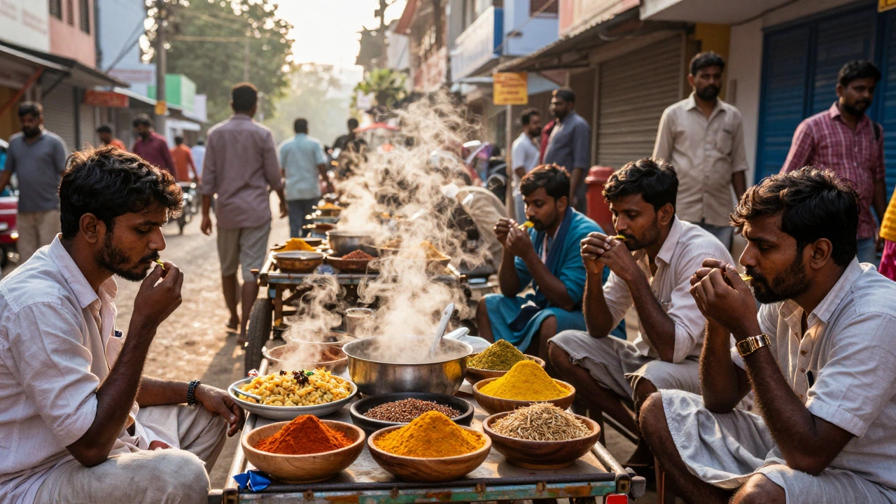Street vendors serving poha and lentil pancakes in a South Indian town at sunrise.