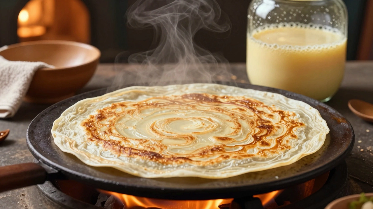 A golden dosa crisping on a hot tawa with steam rising, while fermented batter bubbles in a jar nearby.
