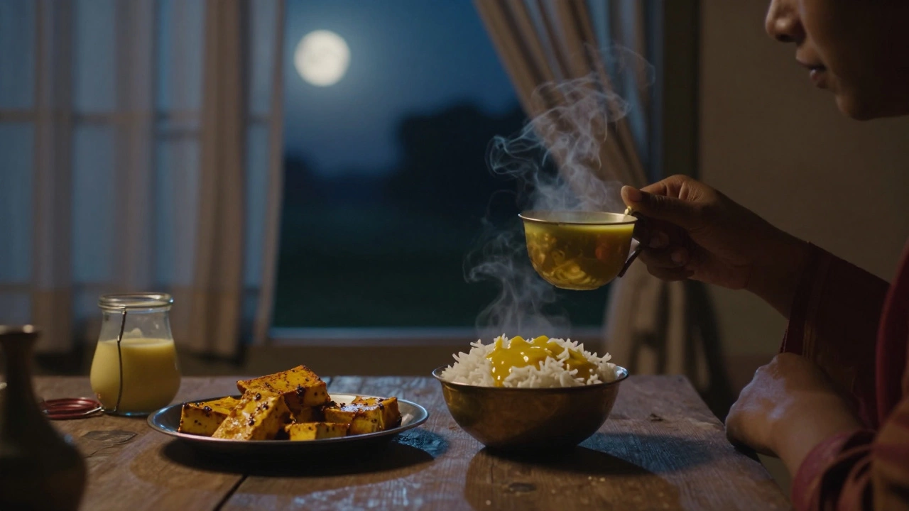 A person enjoying warm turmeric milk and paneer at night, with no curd, in a peaceful rural Indian setting.