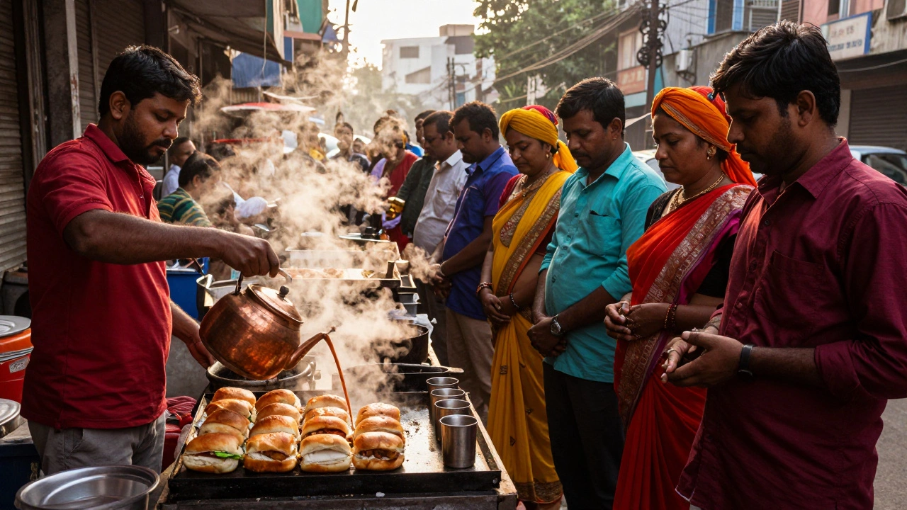 A street vendor serving vada pav and masala chai to workers in Mumbai at dawn, steam rising from a large kettle.