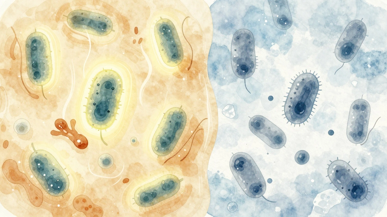 Artistic depiction of beneficial microbes thriving without salt versus being inhibited by salt crystals.
