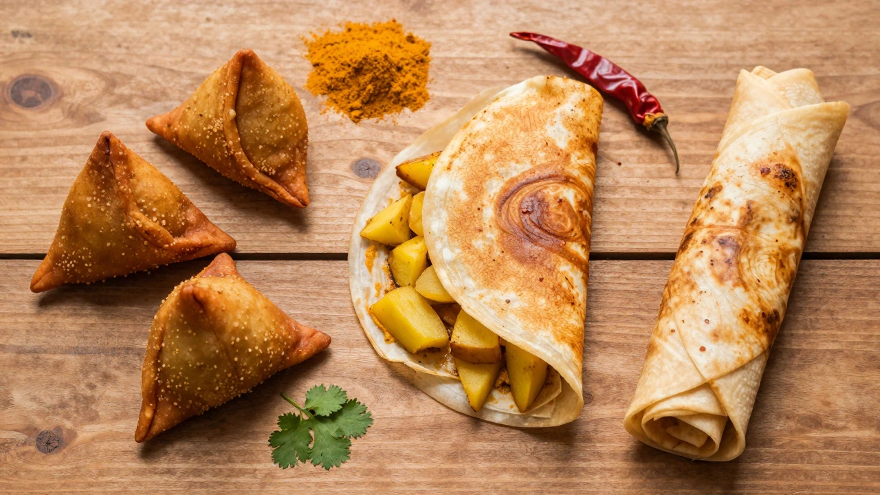 Assortment of regional Indian snacks like samosas and dosa on a table.