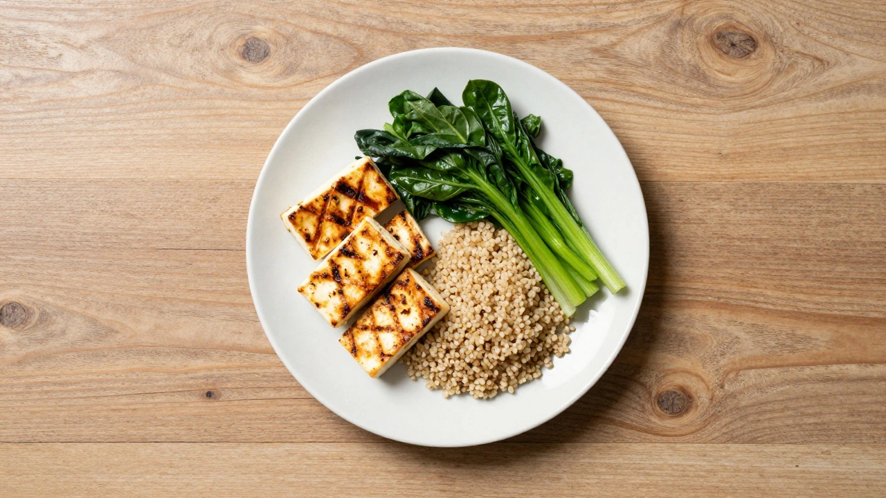 Balanced meal with paneer, quinoa, and greens on wood