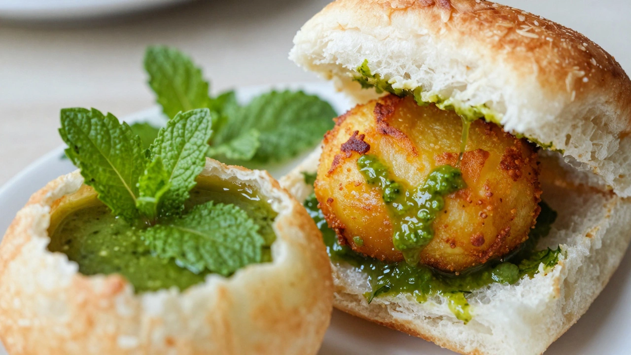 Close-up of Vada Pav and Pani Puri with chutneys and spices.