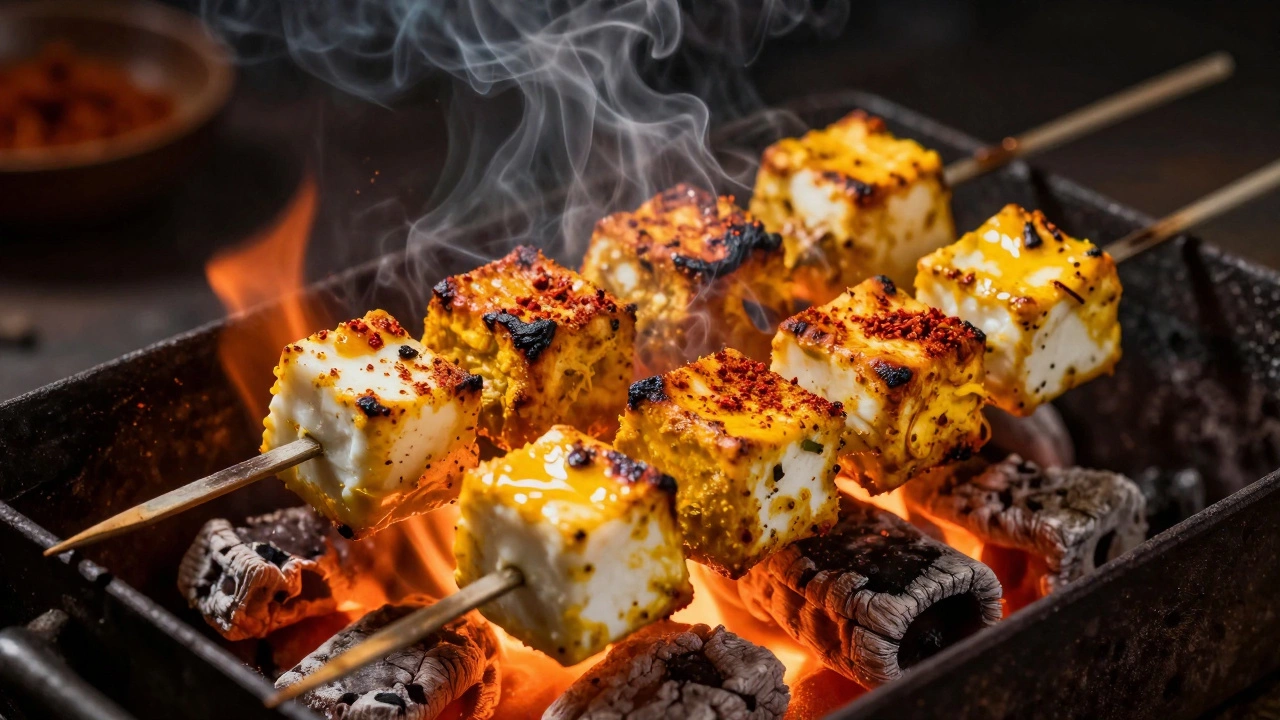 Grilling paneer skewers with spices over charcoal