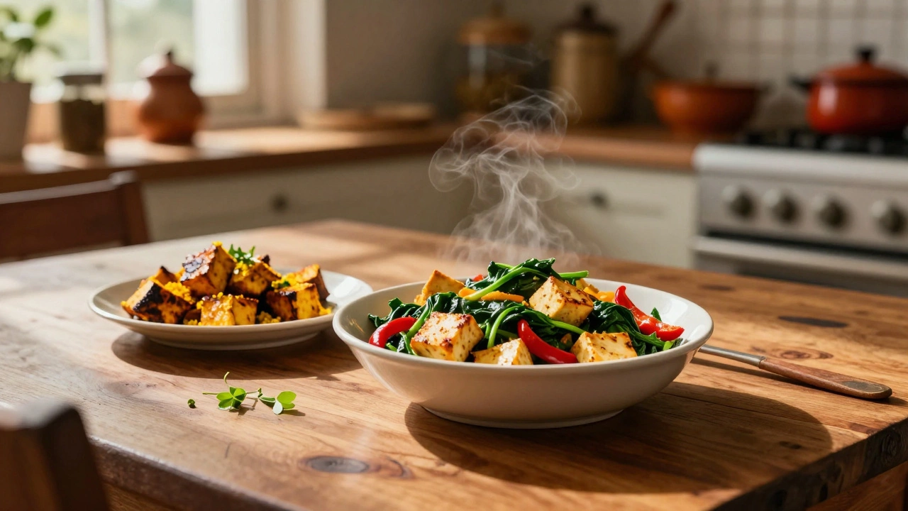 Healthy plate featuring grilled tofu, vegetables, and paneer dish served together.