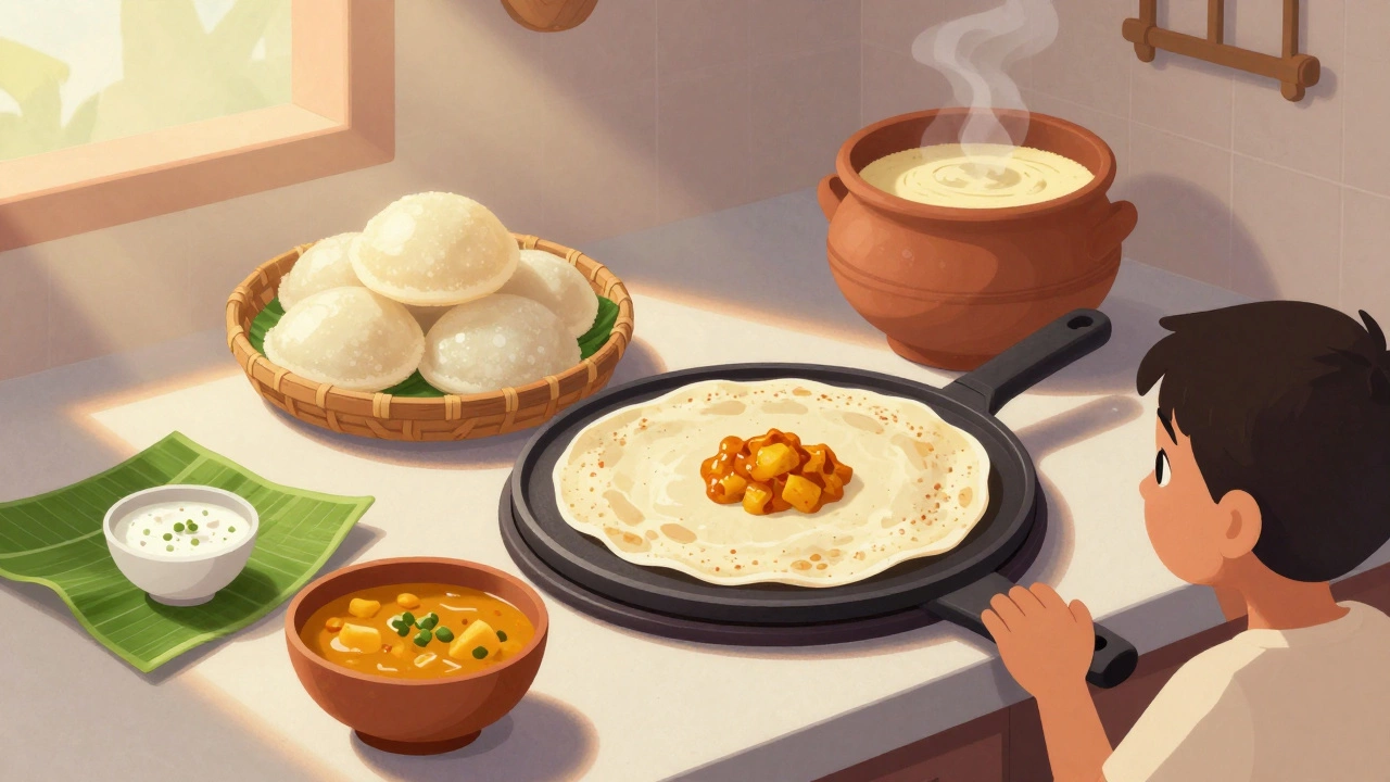 Idlis steaming and a dosa cooking on a griddle in a South Indian kitchen, with sambar and chutney nearby.