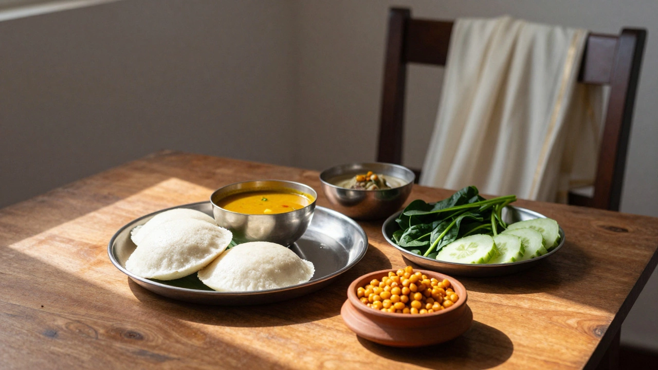 Idlis with sambar and coconut chutney served on a wooden table with roasted chickpeas and fresh vegetables.